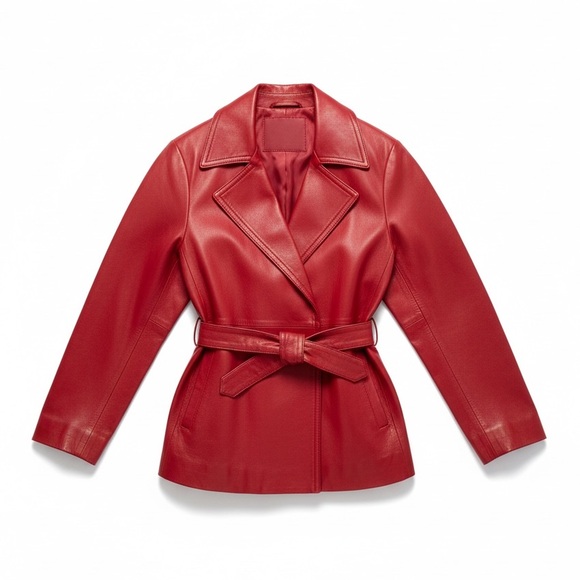 Remy Leather Jackets & Blazers - VTG 90s REMY GLAM ROCK Red Soft Leather Midi Belted Trench Coat Womens Medium